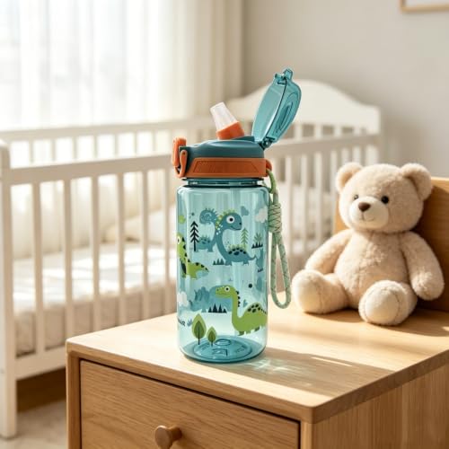 20oz Leak Proof Kids Water Bottle, Sturdy and drop-resistant, with Straw & Handle for School Travel, BPA Free, Dishwasher Safe (Dinosaur) - color: Dinosaur