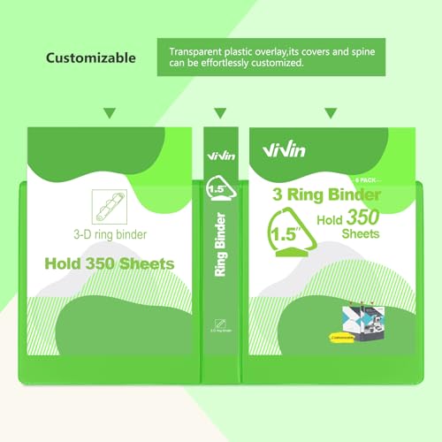 ViVin Sturdy 1.5 Inch 3 Ring Binder with Pockets, Slant-D Ring, PVC-Free, Customizable Clear View Binder,Holds 350 Sheets of 8.5" x 11" Paper, 6 Pack (Ivy Green) - color: Ivy Green, size: 1.5 Inch