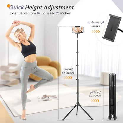 Aureday Adjustable Tripod Stand, 67” Height, Tablet Holder for iPad mini/Air/Pro, Kindle, Switch, Smartphones, 4.7”-12.9” Devices - color: Black