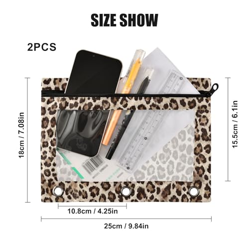 Kcldeci Pencil Pouch for 3 Ring Binder, Leopard Print 2 Pack Binder Pencil Pouch with Clear Window Pencil Bags with Zipper Pencil Case for Binder - color: A05