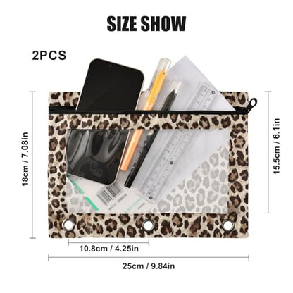 Kcldeci Pencil Pouch for 3 Ring Binder, Leopard Print 2 Pack Binder Pencil Pouch with Clear Window Pencil Bags with Zipper Pencil Case for Binder - color: A05