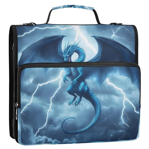 3 Ring Zipper Binder With Shoulder Strap Documents Storage Organizer Animal Dog - color: Blue Dragon Lightning