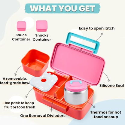 PIQUEBAR Kids Lunch Box with 8oz Thermo, Leakproof Bento Box with Insulated Bag, Kids Insulated Water Bottle with Straw, Food Lunch Container for Back to School Girls, Pink - color: Pink