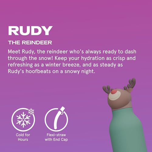asobu Bestie Bottle Insulated Stainless Steel Water Bottle with Detachable Soft Animal Head Fun Drinking For Kids and Teens with Flexible Reusable Straw 16 Ounce (Reindeer) - color: REINDEER