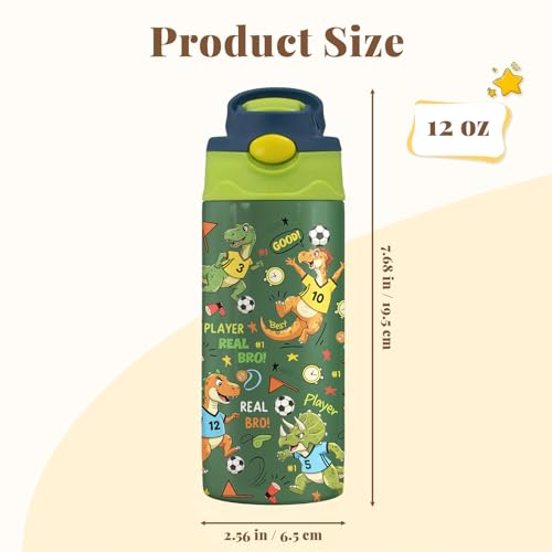 Soccer Water Bottle for Kids - 12oz Dinosaur Kids Water Bottle with Straw, Stainless Steel Tumbler, Insulated, Leak-proof, BPA-free, Pop-up Straw Lid, for School - Children Birthday Gift Cup(1pc) - color: Dinosaur Soccer