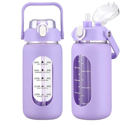 42oz Glass Water Bottles with Straw, Motivational Glass Bottle with Silicone Sleeve and Time Marker, Leakproof Large Glass Water Jug for Gym Home Office,Purple - color: Purple, size: 42 Ounces