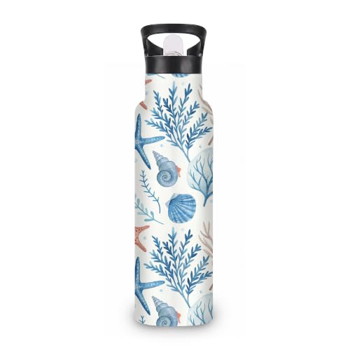 Starfish Seashell 20 oz Insulated Water Bottles Coastal Coral Stainless Steel Thermal Bottle Leak Resistant with Straw Twist Cap and Handle for Sports Coffee Mug Cup - color: Starfish Seashell,Coastal Coral