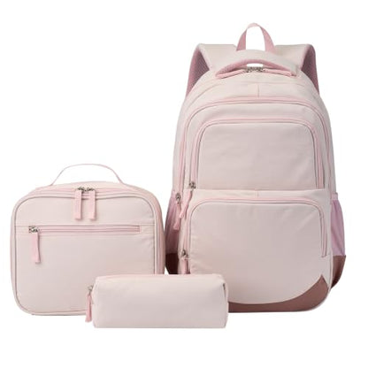 Glodwheat 3Pcs Backpack Set For Girls With Insulated Lunch Bag & Pencil Case, Lightweight Water-Resistant School Bookbag With 11 Compartments / 20L - color: Blush