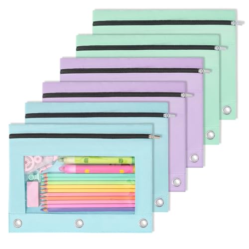 SUNEE Pencil Pouch for 3 Ring Binder, 6 Pack Zipper Binder Pouches, 2 Light Blue, 2 Light Purple & 2 Light Green, Pencil Bag Organizer for School Supplies, Students & Office Use - color: Assorted Pastel