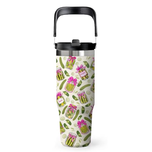 Pickle Tumbler 30oz - Pickle Themed Gifts for Adults, Stainless Steel Insulated Cup with Handle, Novelty Water Bottle for Pickles Lovers, Funny Kitchen Theme Present - color: Pickle, size: 30 Ounces