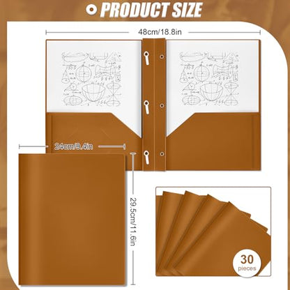 Yeaqee 30 Plastic Folders with Pockets and Prongs Plastic Folder 2 Pockets 3 Prongs with Card Slot for Office, School for Students, Teachers, Office Workers (Brown) - color: Brown