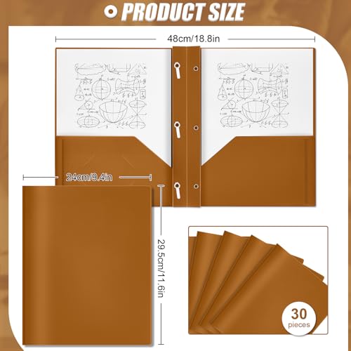 Yeaqee 30 Plastic Folders with Pockets and Prongs Plastic Folder 2 Pockets 3 Prongs with Card Slot for Office, School for Students, Teachers, Office Workers (Brown) - color: Brown