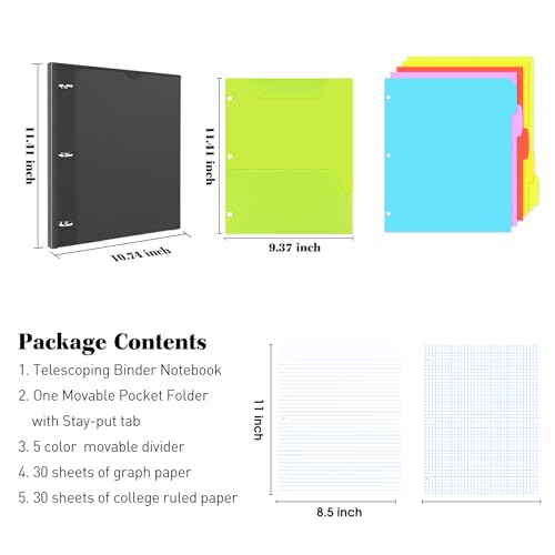 INFUN All-in-one Telescoping Binder Notebook, Refillable 3 Ring Notebook Binder with 1 Plastic Movable Pocket Folder,5 Plastic Subject dividers and Graph Paper and College Ruled Paper- Black - color: Black, size: 1 PCS