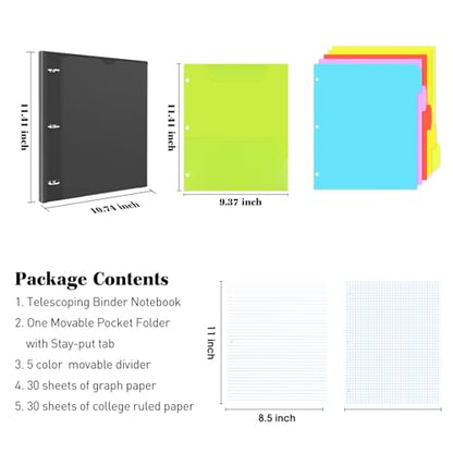 INFUN All-in-one Telescoping Binder Notebook, Refillable 3 Ring Notebook Binder with 1 Plastic Movable Pocket Folder,5 Plastic Subject dividers and Graph Paper and College Ruled Paper- Black - color: Black, size: 1 PCS