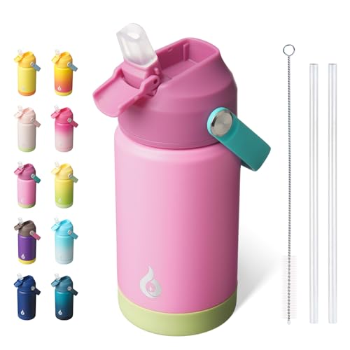 BJPKPK Insulated Water Bottle with Straw Lid, 12oz Thermo Water Bottles, Flex Handle & Non-slip Boot, BPA Free Leak Proof Stainless Steel Metal Thermo, Tumblers, Cups,Rose Pink - color: Rose Pink, size: 12 Ounces