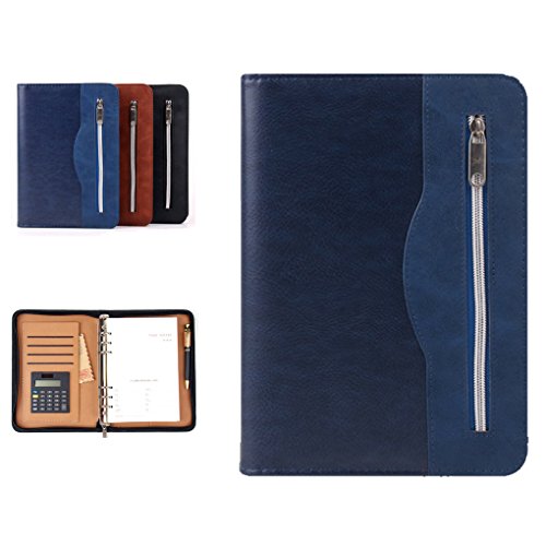 SAYEEC Executive Conference Folder A5 Zipped Portfolio Binder Faux Leather Padfolio Refillable Business Notebook Organizer with Calculator Loose Leaf Paper Gift for Man Women - color: blue with calculator