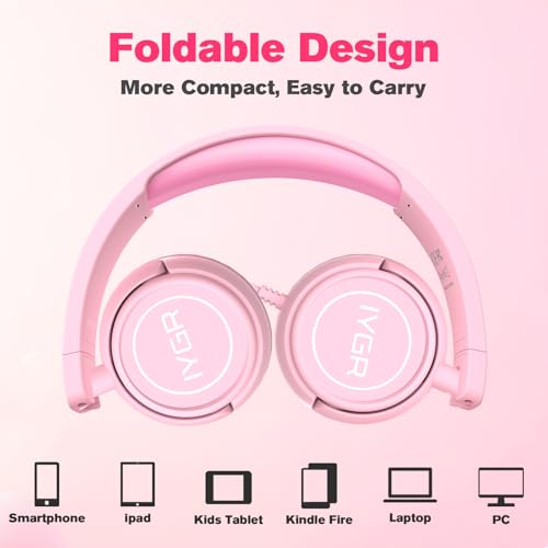 K6C Kids Headphones with USB-C, for Toddler & Kids Ages 2-12, 85dB Safe Volume Limited, Adjustable Headband & Foldable Wired, On-Ear Headphones for School, Travel, Tablet, iPad - color: Pink
