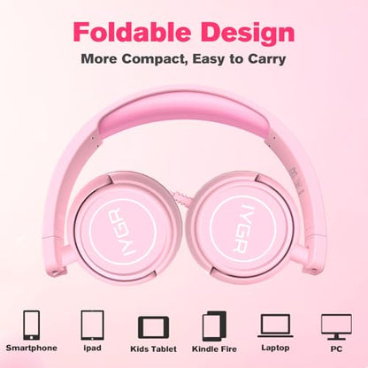K6C Kids Headphones with USB-C, for Toddler & Kids Ages 2-12, 85dB Safe Volume Limited, Adjustable Headband & Foldable Wired, On-Ear Headphones for School, Travel, Tablet, iPad - color: Pink