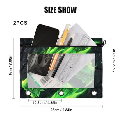 Kcldeci Pencil Pouch for 3 Ring Binder, Green Fire Head of Dragon 2 Pack Binder Pencil Pouch with Clear Window Pencil Bags with Zipper Pencil Case for Binder - color: B05