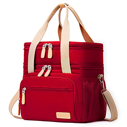 Weitars Lunch Bag for Women, Loncheras Para Mujer Waterproof Reusable Large Dual Compartment Lunch Box Wide-Open Cooler Tote Bag For Nurse Office Working Picnic Hiking (15L) (Red) - color: Red