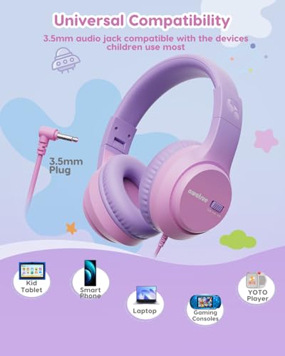 awatrue Kids Headphones, 74/85/94dB Volume Limiter, Foldable Wired Over Ear Headphones for Travel, 3.5mm Jack, Toddler Headphones for School, Chromebook, iPad, Tablet, Purple Pink - color: Purple Pink