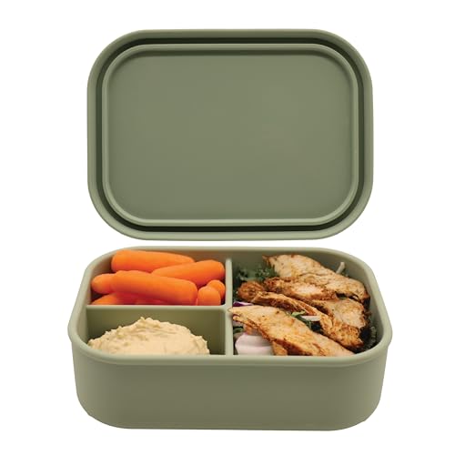 Silicone Bento Box, 3 Compartments, BPA-Free, Leak-Resistant, Dishwasher and Microwave Safe, Perfect for Work, Travel & Meal Prep, (Green) - style: 3 Compartments