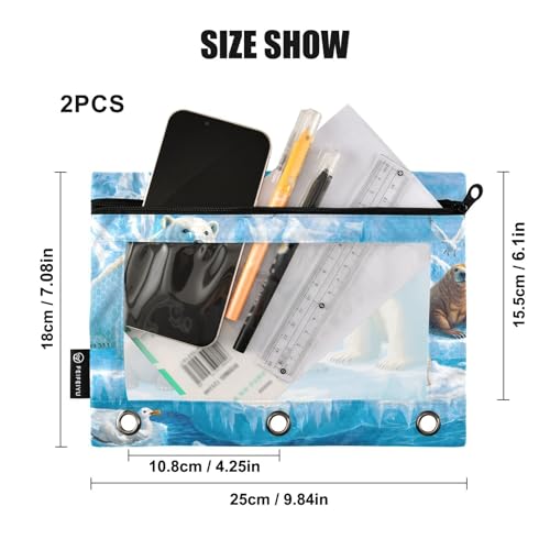 2 Pack Pencil Pouch for 3 Ring Binder Polar Bear Pencil Case Pouch with Clear Window Zipper Binder Pencil Pouches Pen Bag for Office School Supplies - color: Polar Bear