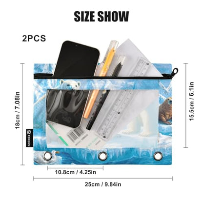 2 Pack Pencil Pouch for 3 Ring Binder Polar Bear Pencil Case Pouch with Clear Window Zipper Binder Pencil Pouches Pen Bag for Office School Supplies - color: Polar Bear