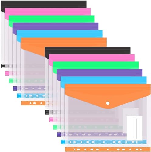 Clear Poly A4 Button Folders, 6 Pack - Waterproof Document Organizers for Office, School & Home, Assorted Colors
