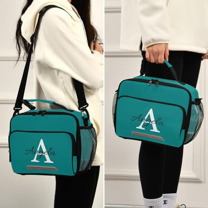 Custom Student Lunch Bag for Boys Girls Teal Solid Color Personalized Name Lunch Box Insulated Cooler Bag for School Picnic Office - color: Multi15