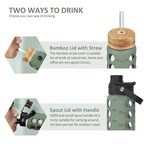 MUKOKO 24oz Glass Water Bottle, Olive | Glass Tumbler with Straw, Drinking Bottles with 2 Lids-Handle Spout Lid & Bamboo Straw Lid, Silicone Sleeve, 1 Pack - color: Olive, size: 24 Ounces