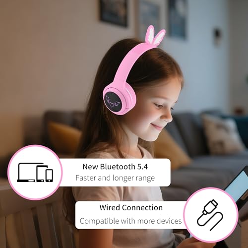 Kids Wireless Headphones with 7-Color RGB LED Lights, Long Playtime, Ultra-Soft Over-Ear for School Travel, Pink Butterfly Wings - color: Pink