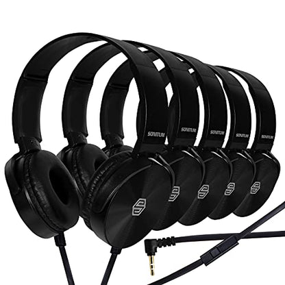 Sonitum Premium Classroom Headphone & Mic Set 3.5mm Jack Stereo Sound Earphones with Microphone & Soft Swivel On Ear Pads- Perfect for E-Learning, Meetings, Calls - Bulk Pack of 5 (Black) - color: 5 pack Black