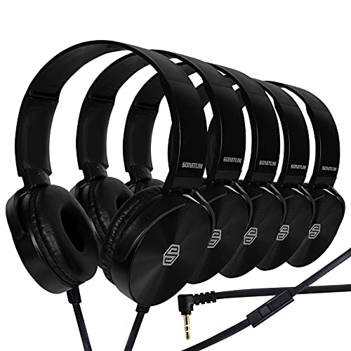 Sonitum Premium Classroom Headphone & Mic Set 3.5mm Jack Stereo Sound Earphones with Microphone & Soft Swivel On Ear Pads- Perfect for E-Learning, Meetings, Calls - Bulk Pack of 5 (Black) - color: 5 pack Black