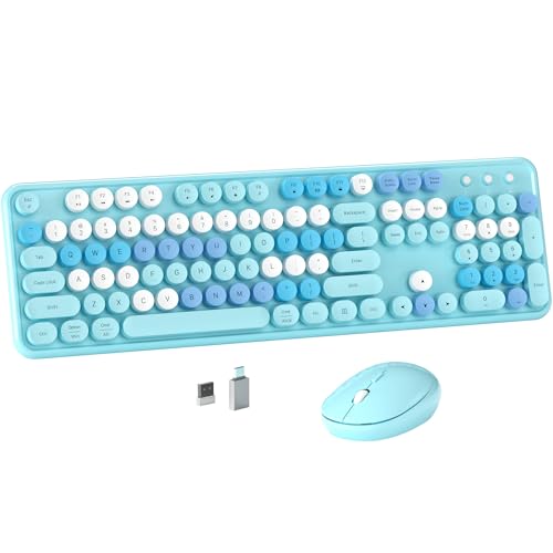 MPTOG Colorful Wireless Computer Keyboard and Mouse Combo with Round Typewriter Keycaps, Retro Design, Power Switch, Ergonomic Design, 2.4GHz Wireless for Windows, Mac, PC (Blue-Colorful) - color: Blue-Colorful