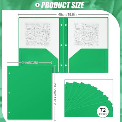 Yeaqee 72 Pcs Plastic Folders with Pockets Bulk 3 Hole Punched 2 Pocket File Folders for 3 Ring Binder Divider Folder for Notebooks, Durable Poly for Office Home (Green) - color: Green
