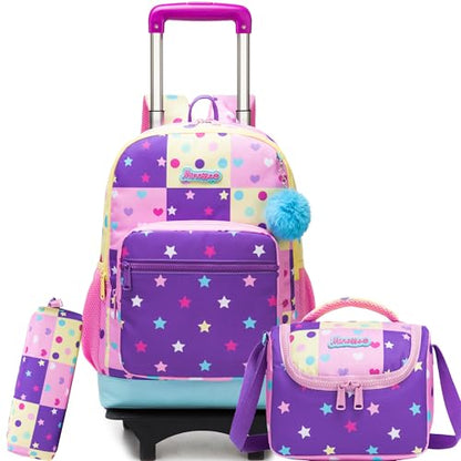 Rolling Backpack for Girls,Lightweight Kids Backpack with Wheels for School and Travel,Large Capacity Trolley Backpack for Elementary Students - color: Purple Pink Star