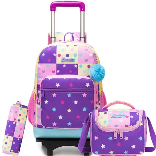 Rolling Backpack for Girls,Lightweight Kids Backpack with Wheels for School and Travel,Large Capacity Trolley Backpack for Elementary Students - color: Purple Pink Star