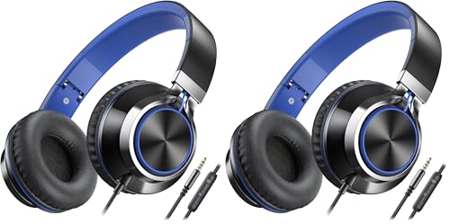 AILIHEN C8 Headphones Wired, On-Ear Headphones with Microphone and Volume Control Foldable Corded Stereo 3.5mm Headset for Smartphones Chromebook Laptop Computer PC Tablets Travel(Black/Blue) - color: Black, Blue, size: Medium (Pack of 2)