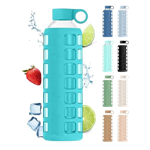purifyou 40oz / 32oz / 22oz / 12oz Borosilicate Glass Water Bottle with Time & Volume Markers, Silicone Sleeve, Stainless Steel Lid | Reusable Glass Bottle for Water & Juice (32oz Aqua Blue) - color: Aqua Blue (1 Count), size: 32 Ounces