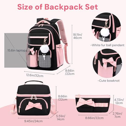 Girls School Backpack with Lunch Box Pencil Case Set, Cute Middle School Bag Teen Girls Backpack Bookbag for Kids, 3pcs Purple - color: 3pcs Purple