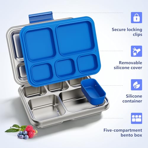 Pawtong Stainless Steel Lunch Box, 5-Compartment Bento Lunch Box for Kids & Adults,Metal Lunch Box with Removable Silicone Container, Lunch Box Containers for School,Office (Blue) - color: Blue