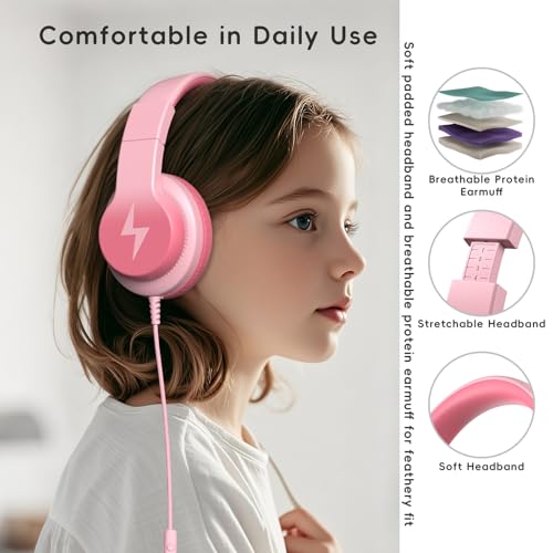 Candy Bila Kids Headphones, Wired Headphones for Kids Over Ear with Microphone, Foldable Headphone for Learning & Entertainment, Light Pink - color: Light Pink
