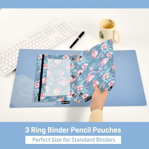 Fustylead Beautiful Pink Flamingos and Floral Leaves Pencil Pouch Fits Standard 3-Ring Binders, Zipper Binder Pencil Bag with Clear Window for School Office Cosmetic 2 Pack - color: Blue02 Flamingo