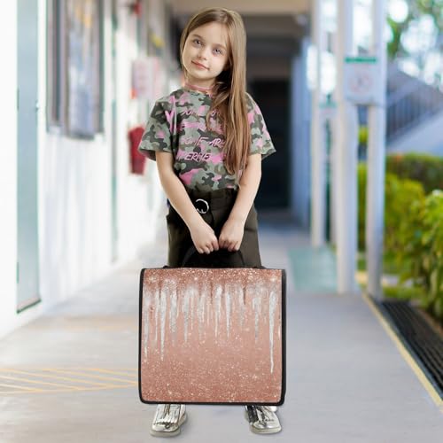 3 D-Ring 2 inch Zipper Binder Bag with Shoulder Strap, Glittery Rose Gold Multi-Pocket Portfolio Organizer Case for 13 Inch Laptop Middle School