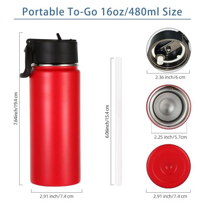 Volhoply Kids Insulated Water Bottle with Straw,16oz Stainless Steel Cold Water Bottles for School,BPA-Free Metal Wide Mouth Cups with Handle Lid,Reusable Double Wall Vacuum Sport Flask(Red,1) - color: Red