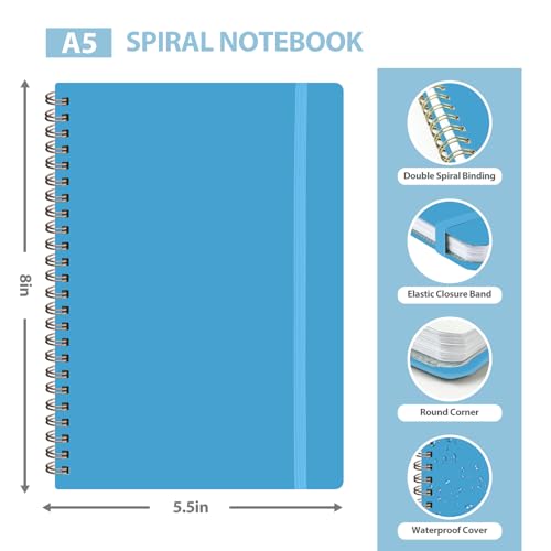 A5 Lined Spiral Journal Notebook, 146 Pages Hardcover Notebook with 100 GSM Thick Paper, Inner Pocket & Elastic Closure, 5.7" x 7.9", Notebooks for Work, School, College, Office, Journaling & Note Taking - color: Bright Blue