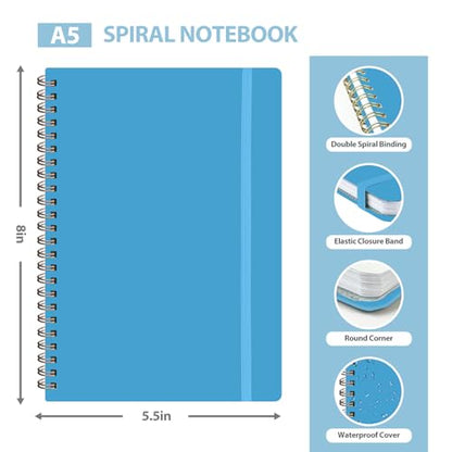 A5 Lined Spiral Journal Notebook, 146 Pages Hardcover Notebook with 100 GSM Thick Paper, Inner Pocket & Elastic Closure, 5.7" x 7.9", Notebooks for Work, School, College, Office, Journaling & Note Taking - color: Bright Blue