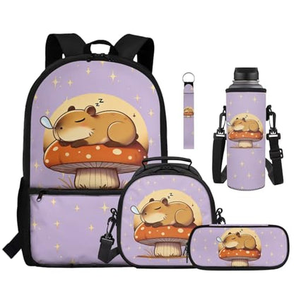 Capybara Kids School Backpack Set 5 Piece Bookbag with Lunch Bag Pencil Case and Water Bottle Carrier for Elementary and Middle School - color: Capybara