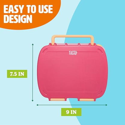 Tasty Bento Style Lunch Box, 4 Compartments with Built-In Phone Stand, BPA-Free Plastic, Portable Food Storage Container, Pink - color: Pink